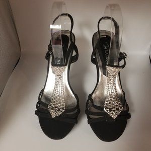 Lasonia Black Suede and Rhinestone T-Strap Heels